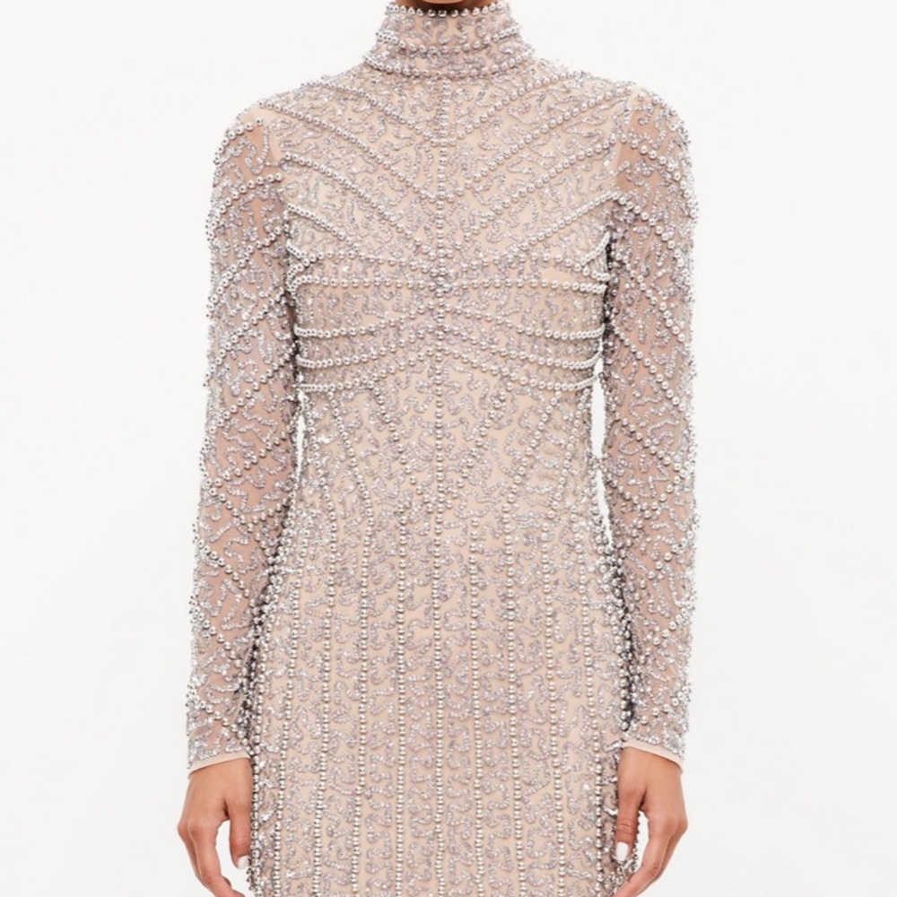 silver high neck long sleeve beaded mini dress